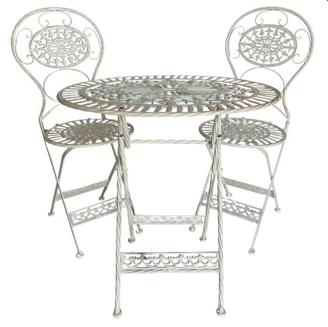 Mobilier en Fer : Salon de Jardin / Salon de Thé Bistrot 1 Table 2 Chaises Pliables Blanc