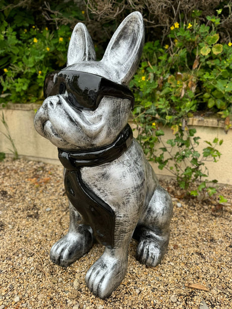 Statue Chien Bouledogue Francais Resine Decoration - 120cm - Argent