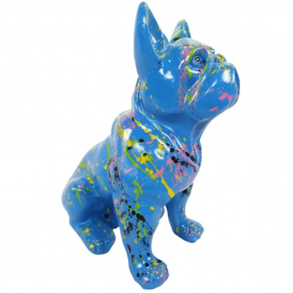 Statue Chien Bouledogue Francais Animaux Resine - 30cm - Graffiti Bleu - ANIMAUX-RESINE.FR